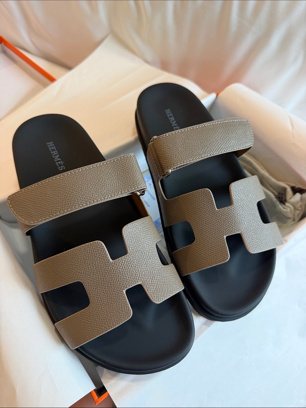 Men’s Taupe Leather Two-Strap Slide Sandals